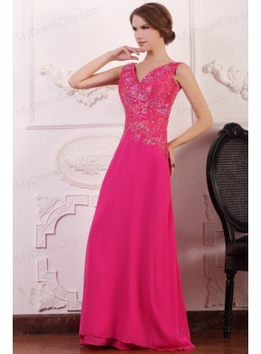 V-neck Empire Chiffon Appliques with Beading Prom Dress in Hot Pink