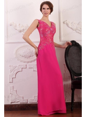 V-neck Empire Chiffon Appliques with Beading Prom Dress in Hot Pink