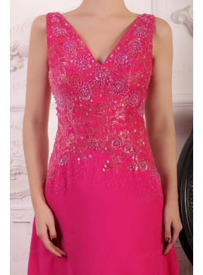 V-neck Empire Chiffon Appliques with Beading Prom Dress in Hot Pink