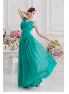 V-neck Empire Turquoise Chiffon Prom Dress with Ruching and Beading