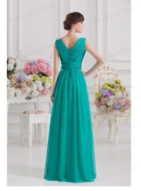 V-neck Empire Turquoise Chiffon Prom Dress with Ruching and Beading