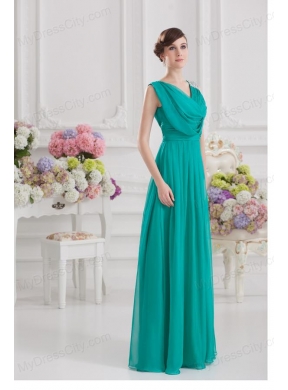 V-neck Empire Turquoise Chiffon Prom Dress with Ruching and Beading