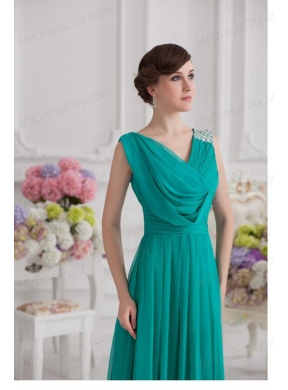 V-neck Empire Turquoise Chiffon Prom Dress with Ruching and Beading