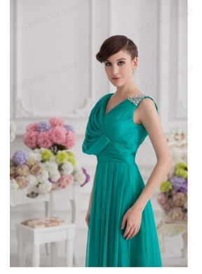 V-neck Empire Turquoise Chiffon Prom Dress with Ruching and Beading