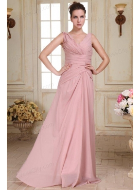 V-neck Floor-length Ruche Decorate Empire Chiffon Prom Dress