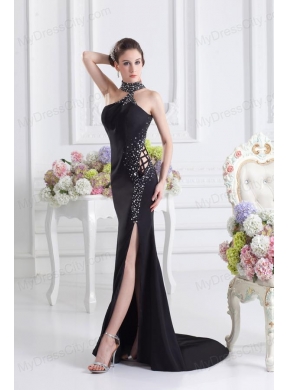 2014 Black Halter Top Empire Prom Dress with Beading