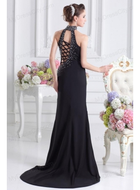 2014 Black Halter Top Empire Prom Dress with Beading