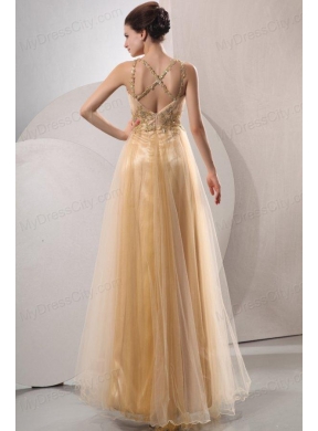 A-line Gold Straps Appliques and Ruching Floor-length Organza Prom Dress