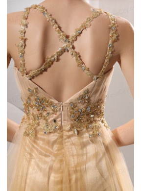 A-line Gold Straps Appliques and Ruching Floor-length Organza Prom Dress