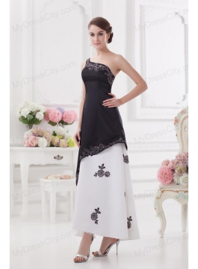 A-line One Shoulder Embroidery Black and White Ankle-length Prom Dress