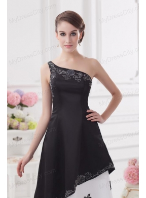 A-line One Shoulder Embroidery Black and White Ankle-length Prom Dress