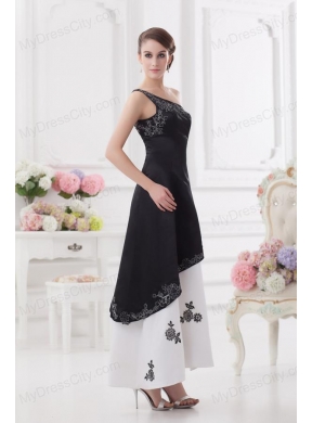 A-line One Shoulder Embroidery Black and White Ankle-length Prom Dress