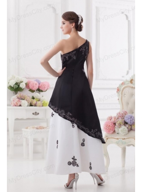 A-line One Shoulder Embroidery Black and White Ankle-length Prom Dress