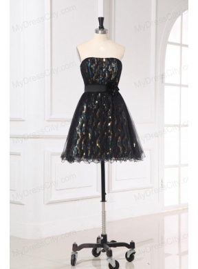 A-line Sequins Strapless Belt Black Knee-length Prom Dress