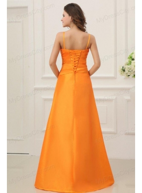 A-line Spaghetti Straps Orange Floor-length Prom Dress with Ruche