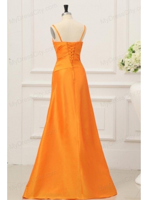 A-line Spaghetti Straps Orange Floor-length Prom Dress with Ruche