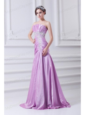 A-line Strapless Lilac Taffeta Appliques with Beading Prom Dress