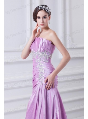 A-line Strapless Lilac Taffeta Appliques with Beading Prom Dress