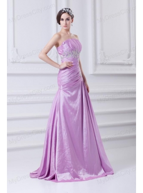 A-line Strapless Lilac Taffeta Appliques with Beading Prom Dress