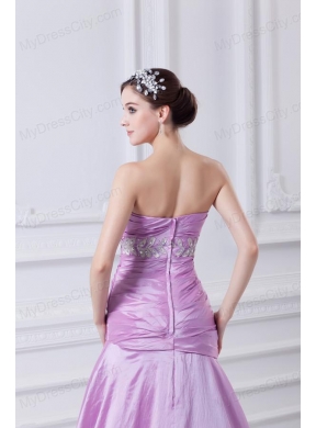 A-line Strapless Lilac Taffeta Appliques with Beading Prom Dress