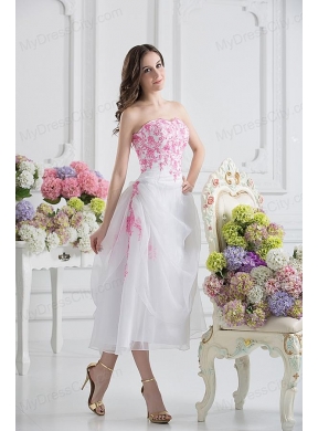 A-line Strapless White Organza Tea-length Prom Dress with Appliques