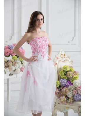 A-line Strapless White Organza Tea-length Prom Dress with Appliques