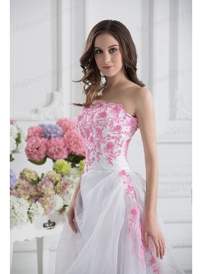 A-line Strapless White Organza Tea-length Prom Dress with Appliques