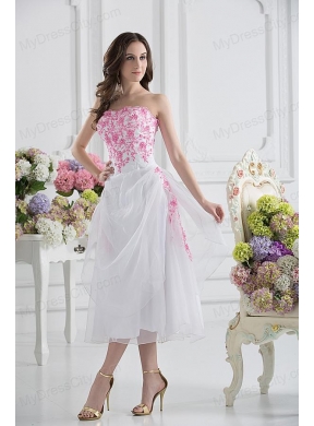 A-line Strapless White Organza Tea-length Prom Dress with Appliques