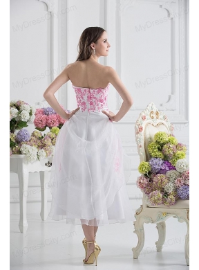 A-line Strapless White Organza Tea-length Prom Dress with Appliques