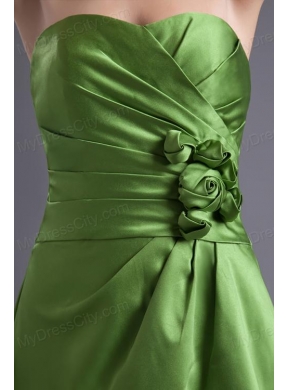 A-line Sweetheart Spring Green Ruching Hand Made Flower Prom Dress