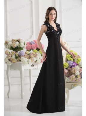 A-line V-neck Chiffon Beading Floor-length Prom Dress in Black