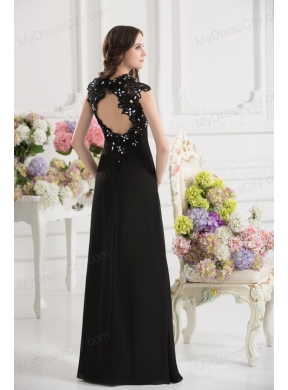 A-line V-neck Chiffon Beading Floor-length Prom Dress in Black