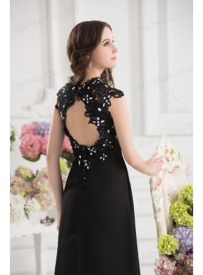 A-line V-neck Chiffon Beading Floor-length Prom Dress in Black