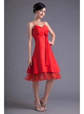 A-line Wine Red Spaghetti Straps Ruching Hand Made Flower Prom Dress