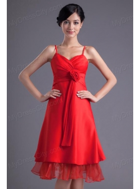 A-line Wine Red Spaghetti Straps Ruching Hand Made Flower Prom Dress