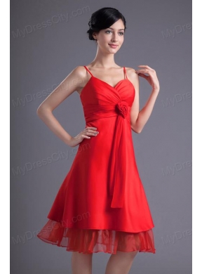 A-line Wine Red Spaghetti Straps Ruching Hand Made Flower Prom Dress