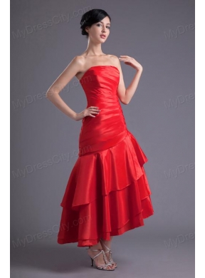 A-line Wine Red Strapless Ruching Asymmetrical Prom Dress