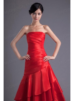 A-line Wine Red Strapless Ruching Asymmetrical Prom Dress