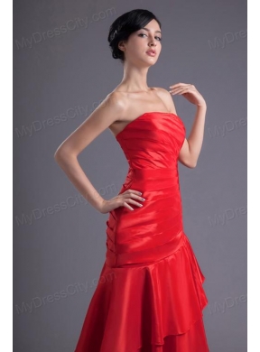 A-line Wine Red Strapless Ruching Asymmetrical Prom Dress