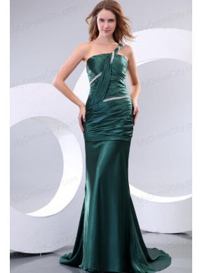 Affordable Mermaid One Shoulder Green Ruching Brush Train Prom Dress