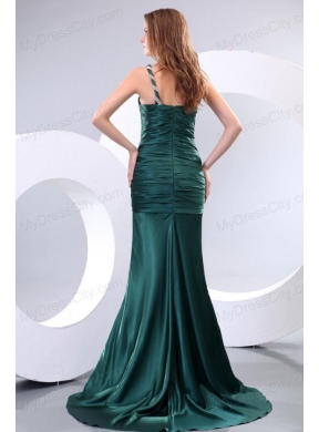 Affordable Mermaid One Shoulder Green Ruching Brush Train Prom Dress