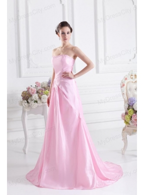 Baby Pink A-line Court Train Strapless Ruching Prom Dress