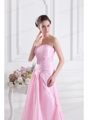 Baby Pink A-line Court Train Strapless Ruching Prom Dress