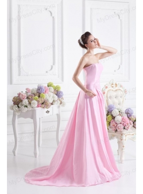 Baby Pink A-line Court Train Strapless Ruching Prom Dress