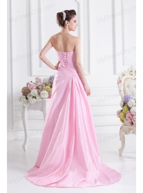 Baby Pink A-line Court Train Strapless Ruching Prom Dress