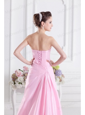 Baby Pink A-line Court Train Strapless Ruching Prom Dress