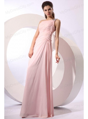 Baby Pink Empire One Shoulder Beaded Prom Dress with Ruches