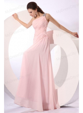 Baby Pink Empire One Shoulder Beaded Prom Dress with Ruches