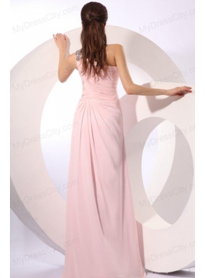 Baby Pink Empire One Shoulder Beaded Prom Dress with Ruches