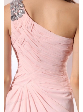 Baby Pink Empire One Shoulder Beaded Prom Dress with Ruches